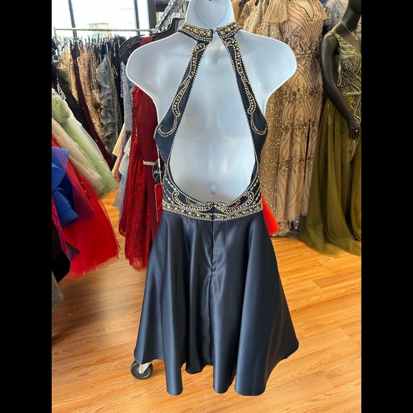 Navy blue beaded dress with halter top and satin bottom size 2XL beaded top - Picture 2 of 3